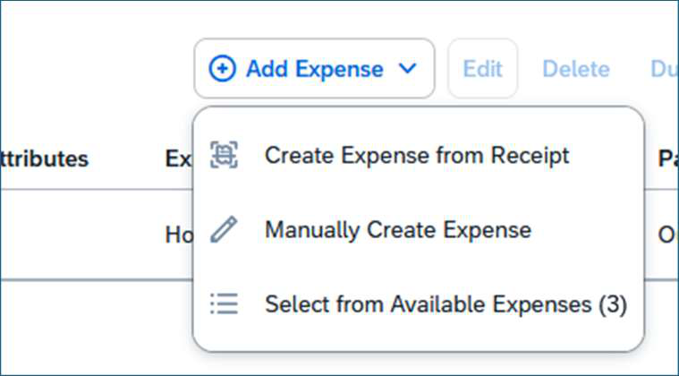 Expense report menu showing the Manually Create Expense option selected.
