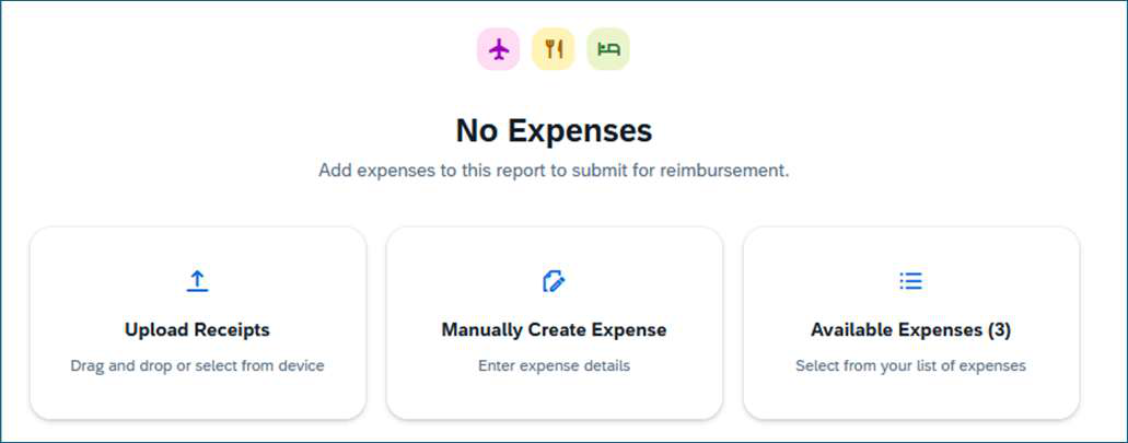 Expense report screen showing the Manually Create Expense option.