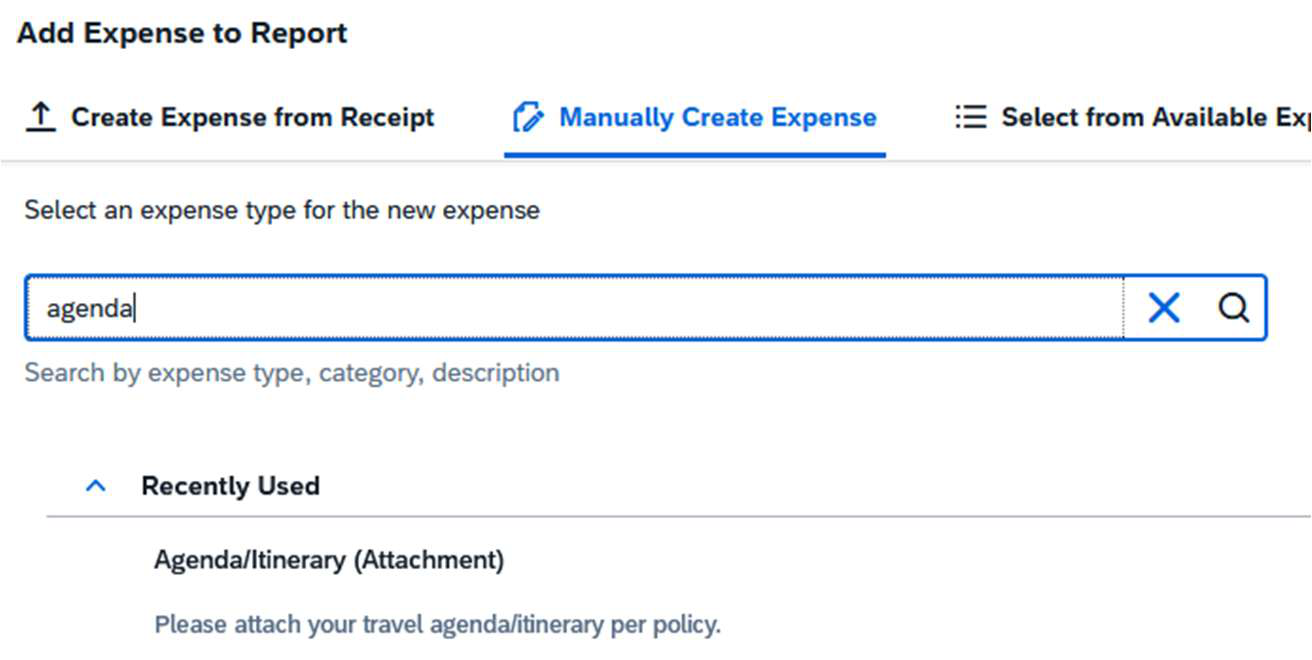 Manual expense screen with agenda entered in the search bar and Agenda/Itinerary (Attachment) indicated as the expense type.