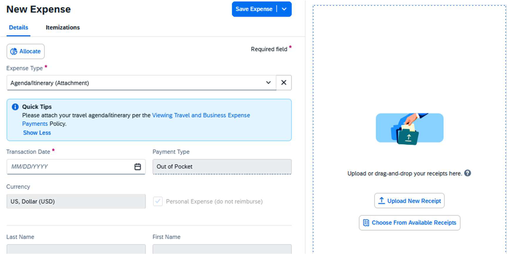 New Expense form showing the transaction date field, receipt upload area, and Save Expense button.
