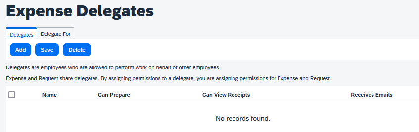 Expense Delegates page with the Add button highlighted.