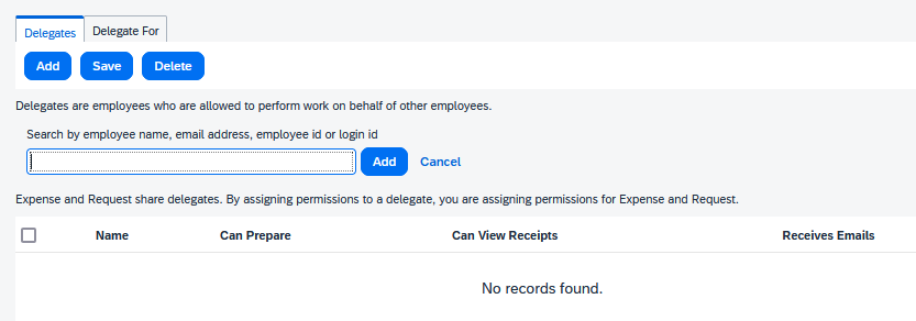 Expense Delegates page with an employee search field and Add button.