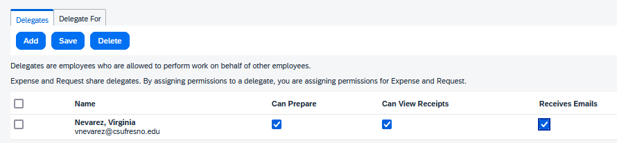 Expense Delegates list showing a selected employee and checked permissions for Can Prepare, Can View Receipts, and Receives Emails.
