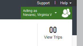 Travel system interface showing the user acting on behalf of another traveler.