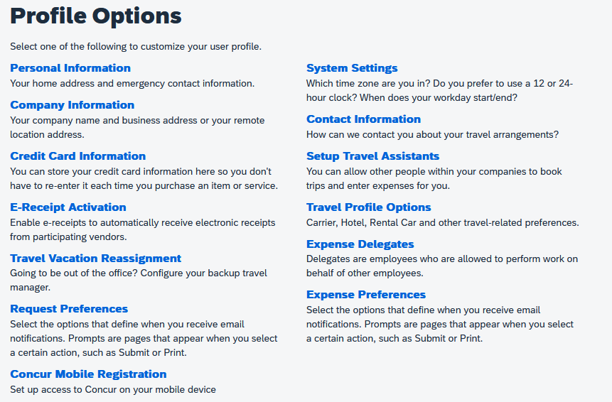 Profile Options page with Setup Travel Assistants highlighted by an arrow.