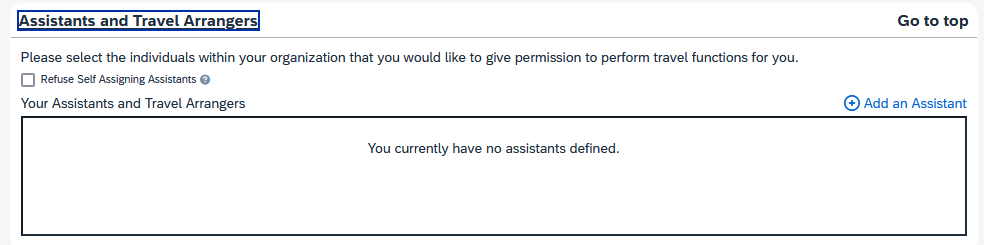 Assistants and Travel Arrangers page with the Add an Assistant control highlighted by an arrow.