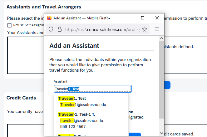 Add an Assistant dialog with an employee name entered and matching employee suggestions displayed.