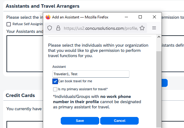 Add an Assistant dialog with the Can book travel for me permission selected and the Save button visible.