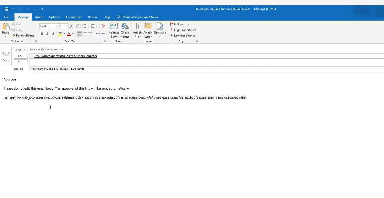 Email compose window for sending the secondary approval email to finalize the trip approval process.