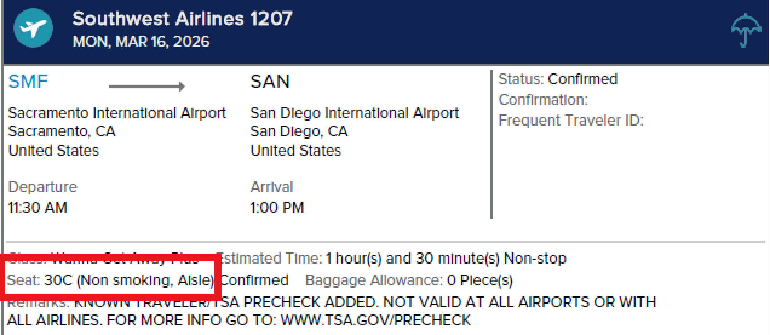 Southwest Airlines itinerary showing the assigned seat, 30C (Non smoking, Aisle).