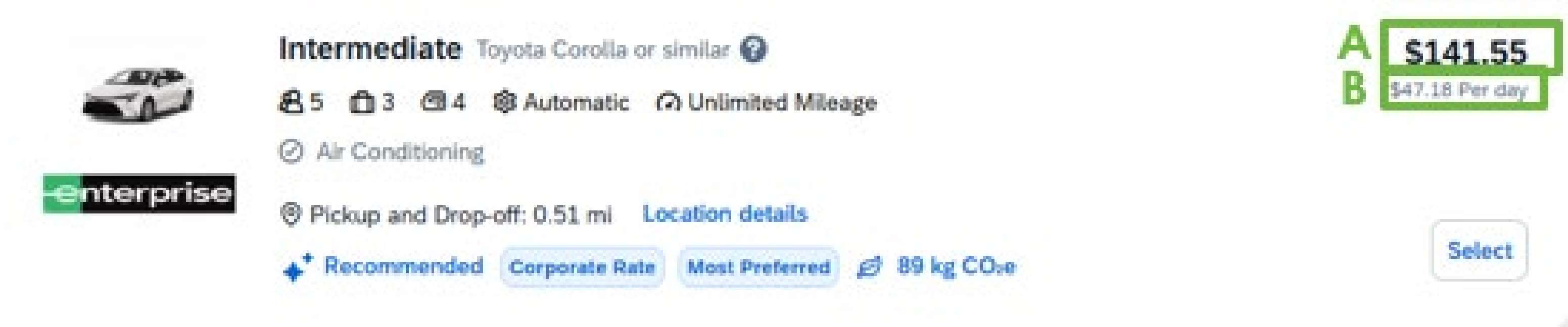 Rental car search result with A marking the total estimated rental cost and B marking the estimated daily rate.