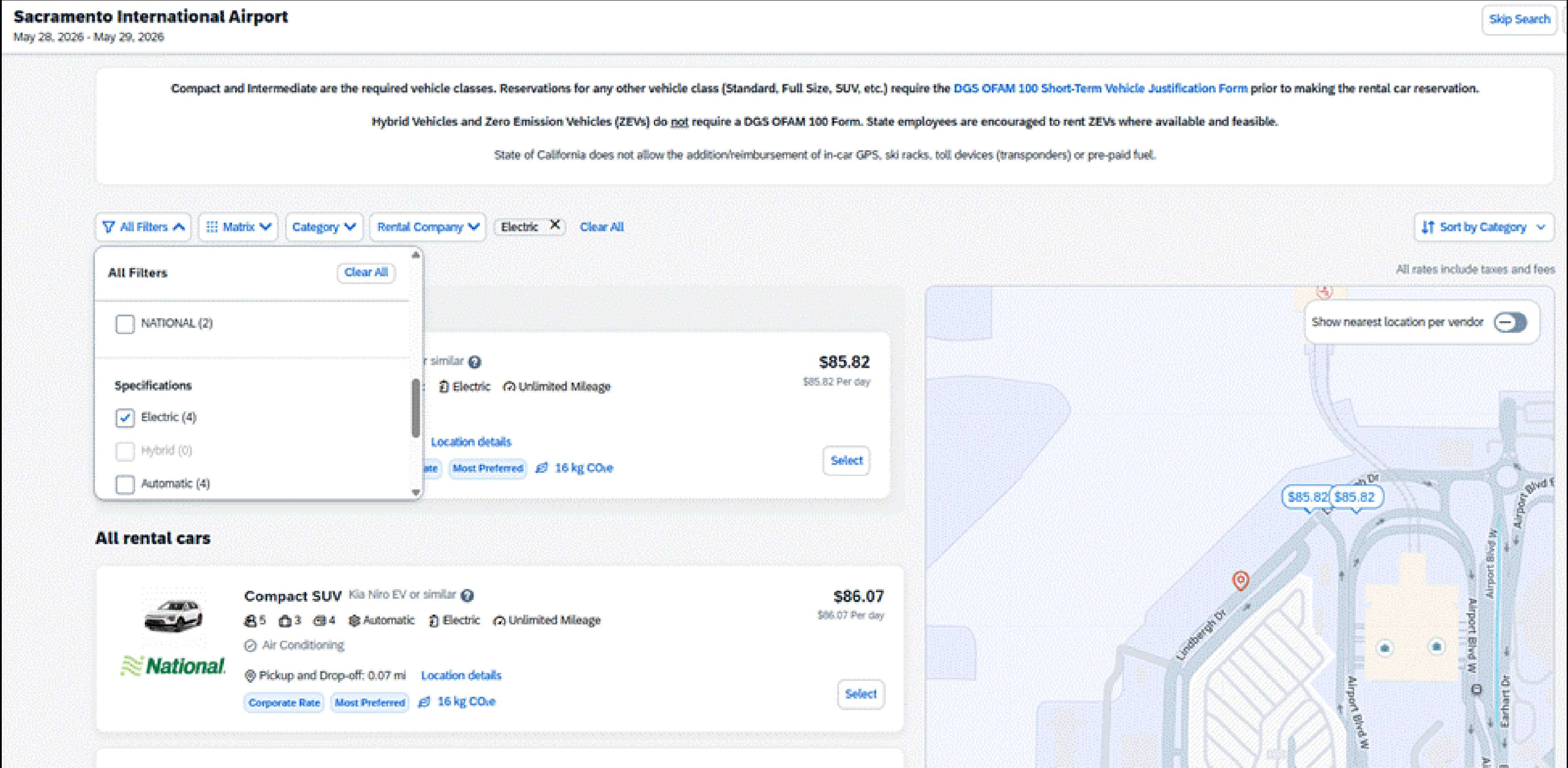 New Concur car rental search page showing the All Filters menu with Electric selected and electric vehicle results.