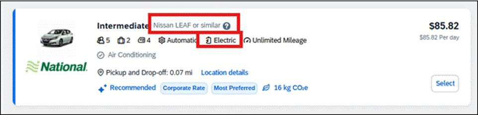 Rental search result for an intermediate Nissan LEAF or similar electric vehicle.