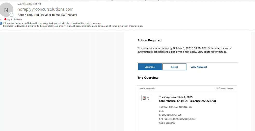 Trip approval email with Approve and Reject buttons and a trip overview.