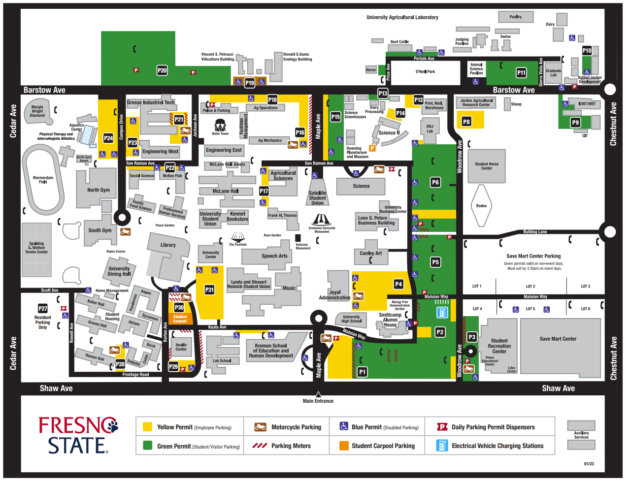 Fresno State campus map with Joyal Administration circled; parking locations and permit types are shown.