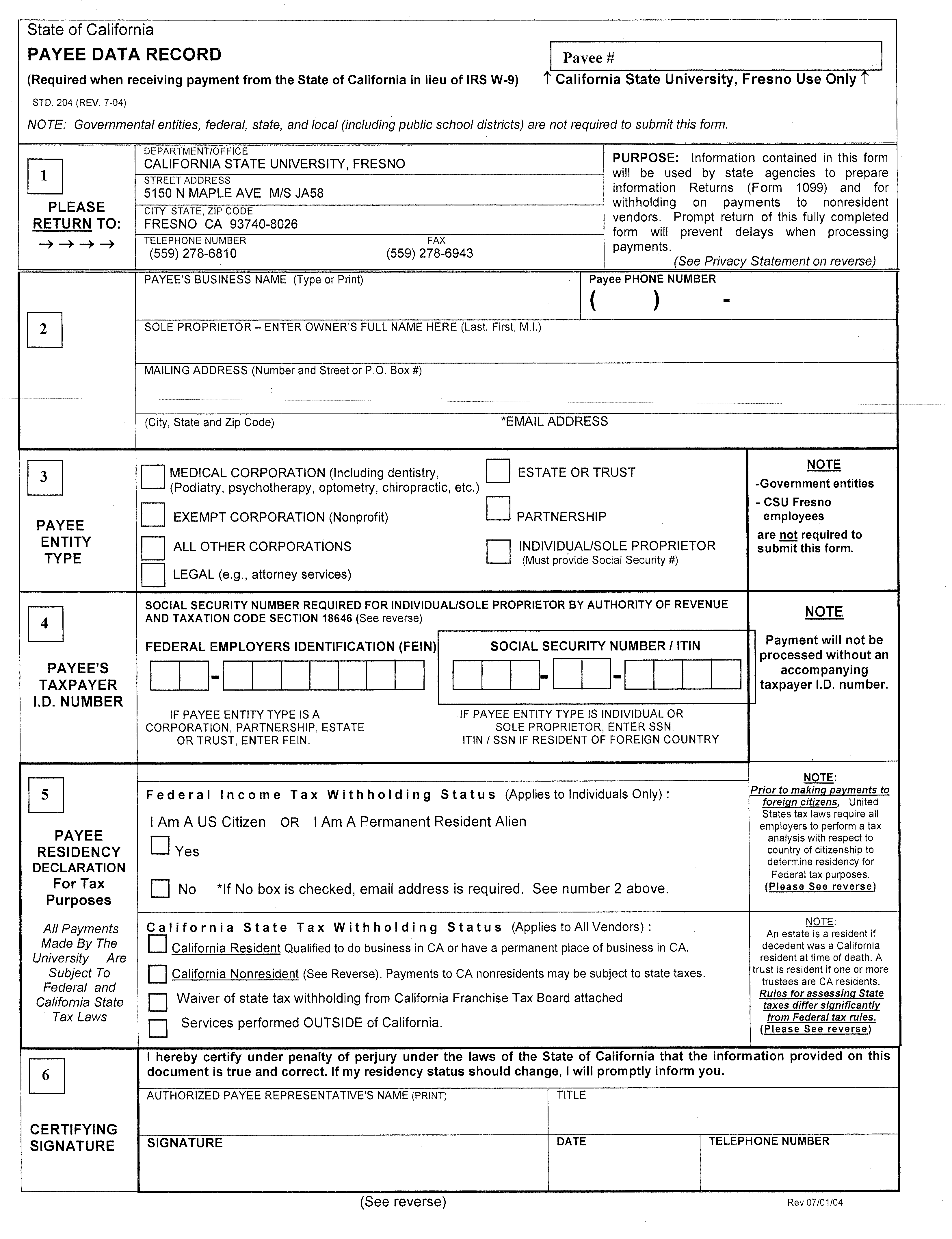 Scanned first page of the State of California Payee Data Record form, including payee information fields, entity type choices, taxpayer identification fields, residency declaration, and certification signature.