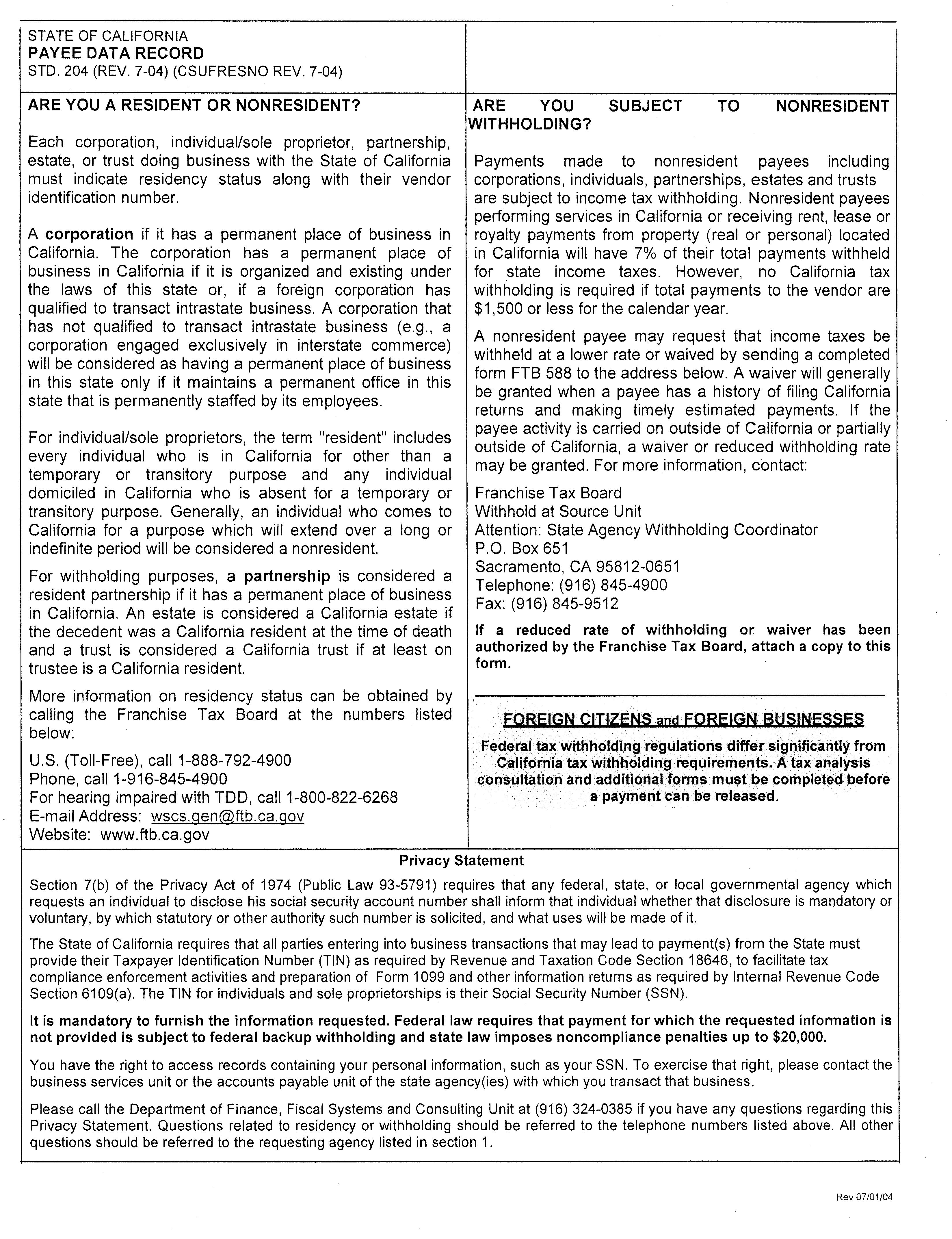 Scanned reverse page of the State of California Payee Data Record form, with residency definitions, nonresident withholding information, foreign citizen and business guidance, and the privacy statement.