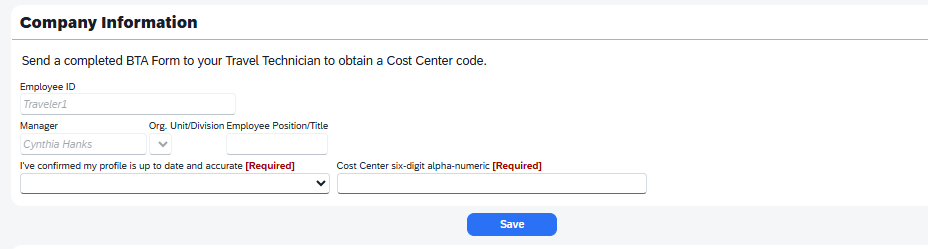 Company Information profile section showing the Cost Center field.