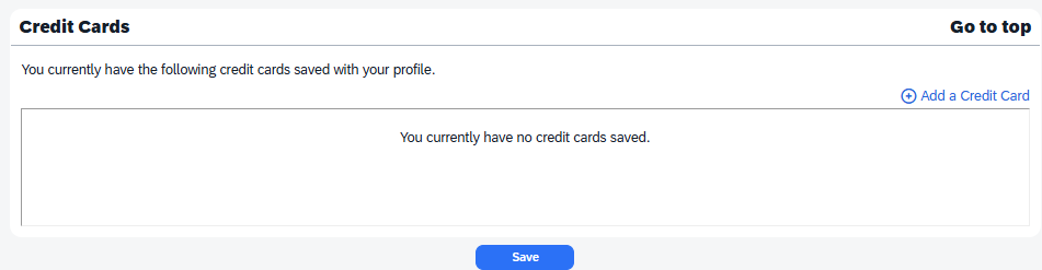 Credit Cards profile section with the Add a Credit Card option.