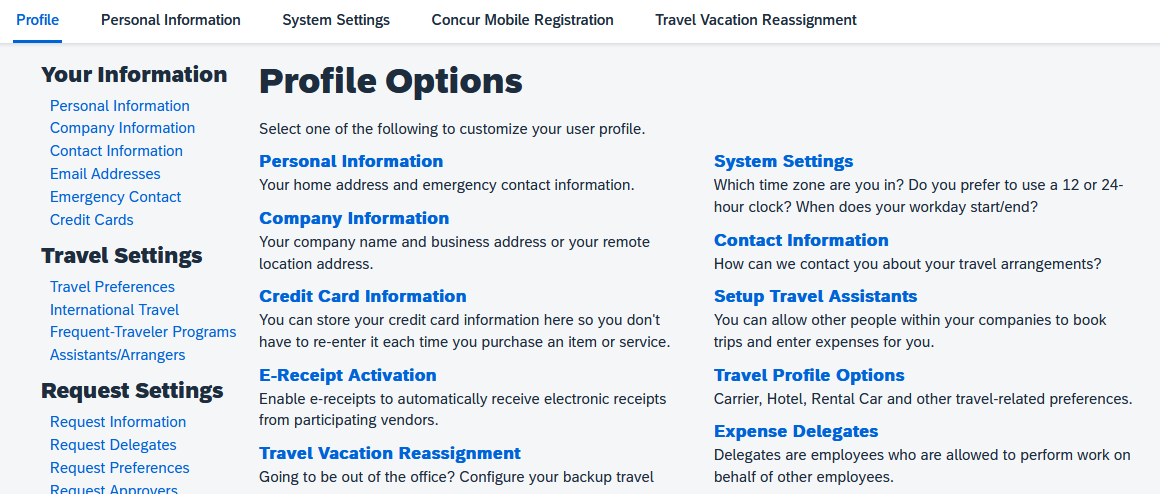 Profile Options page with Setup Travel Assistants and Expense Delegates areas highlighted.