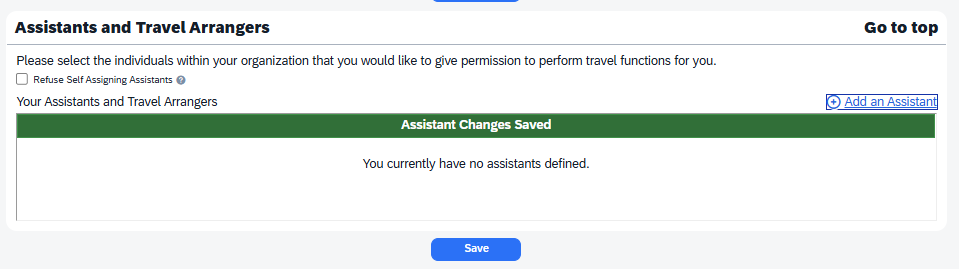 Assistants and Travel Arrangers page with the Add an Assistant control indicated.