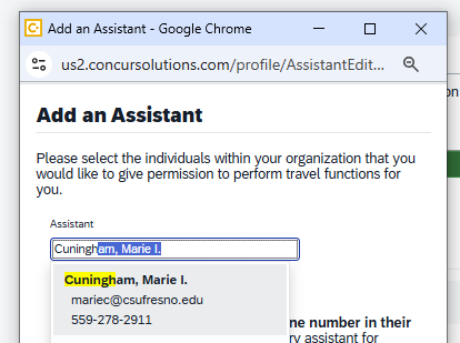 Add an Assistant form showing the assistant search field and a matching person.