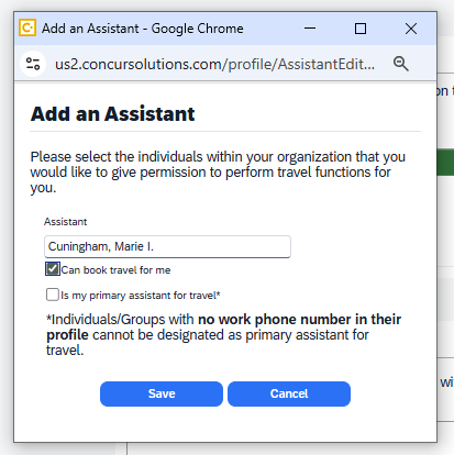 Add an Assistant form showing the Can book travel and Primary Assistant permission options.