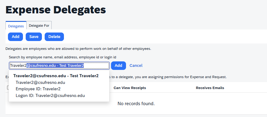 Expense Delegates page showing the Add control and employee search field.