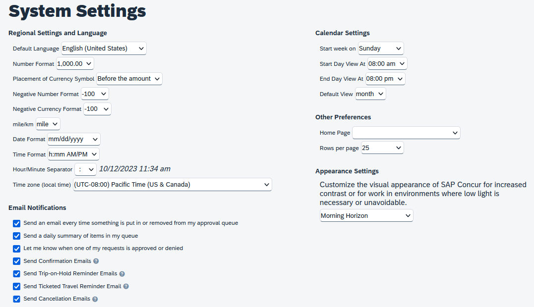 System Settings page showing regional, calendar, email notification, and appearance settings.