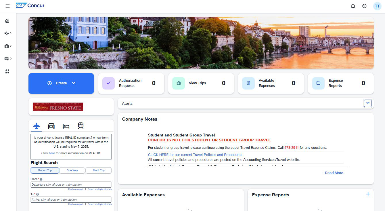 SAP Concur dashboard with the Company Notes area highlighted.