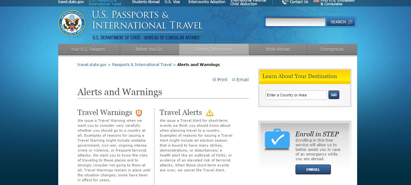 U.S. Passports and International Travel page showing the Alerts and Warnings section.