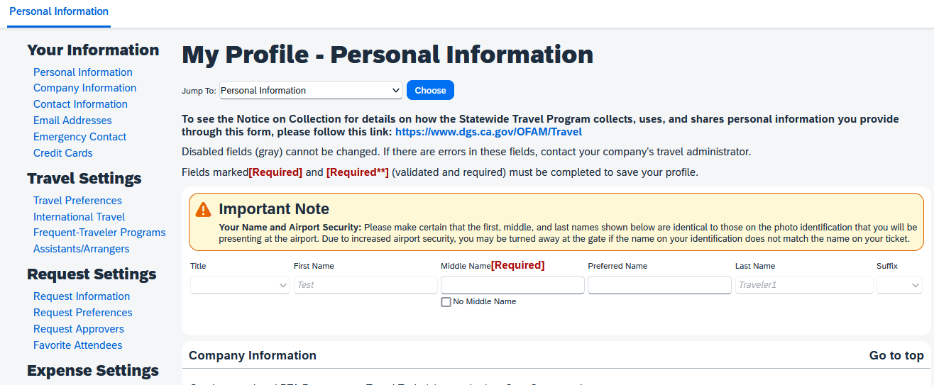 My Profile Personal Information page showing profile fields and required field guidance.