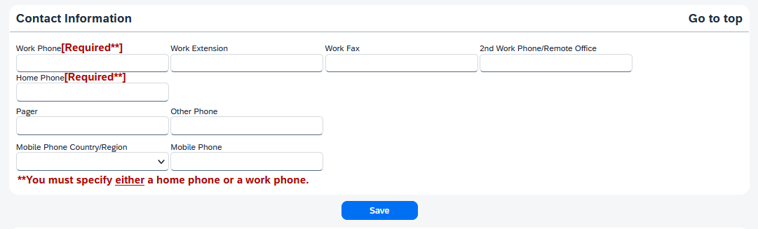 Contact Information profile fields showing Required** phone fields.