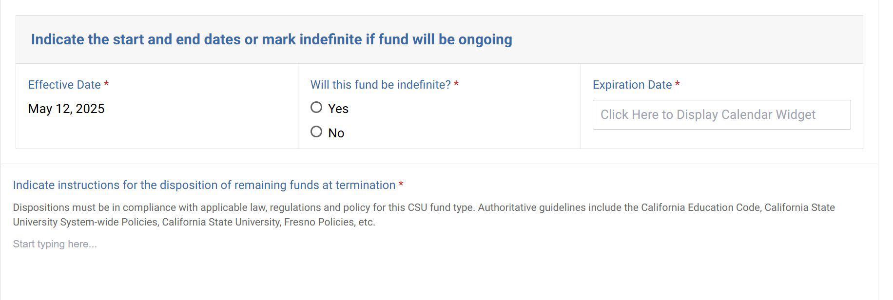 Trust Fund Approval form fields for the fund dates and instructions for disposition of remaining funds.