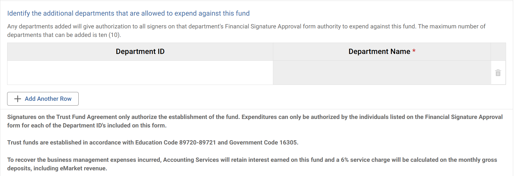 Trust Fund Approval form section for identifying additional departments allowed to expend against the fund, with department fields and form instructions.