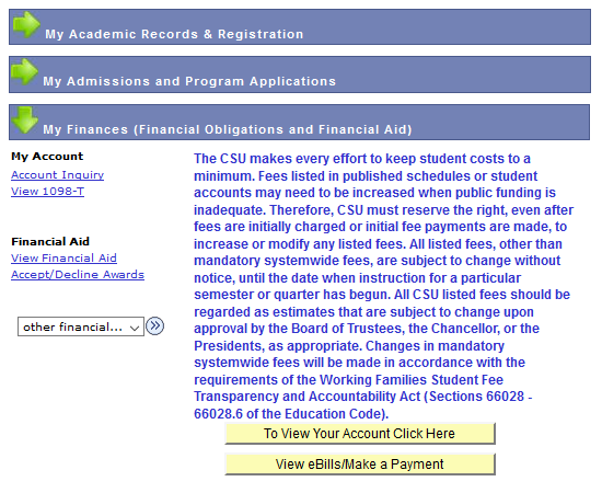 My Fresno State finances page with an arrow pointing to Account Inquiry.