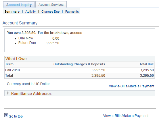 Account Inquiry page showing the Activity tab, indicated by an arrow.