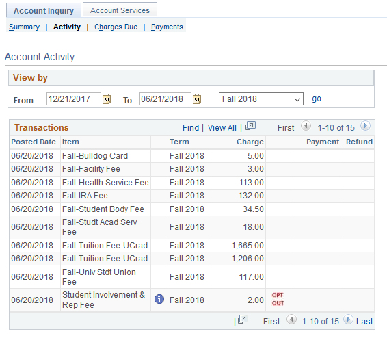 Account Activity transactions with an arrow pointing to the Opt Out option for the Student Involvement & Rep Fee.