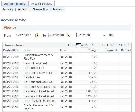 Account Activity transactions showing the Student Involvement & Rep Fee credit of -2.00 after opting out.
