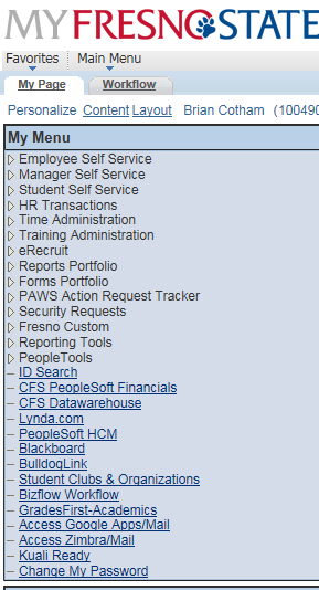 My Fresno State sign-in page showing the sign-in area and My Menu.