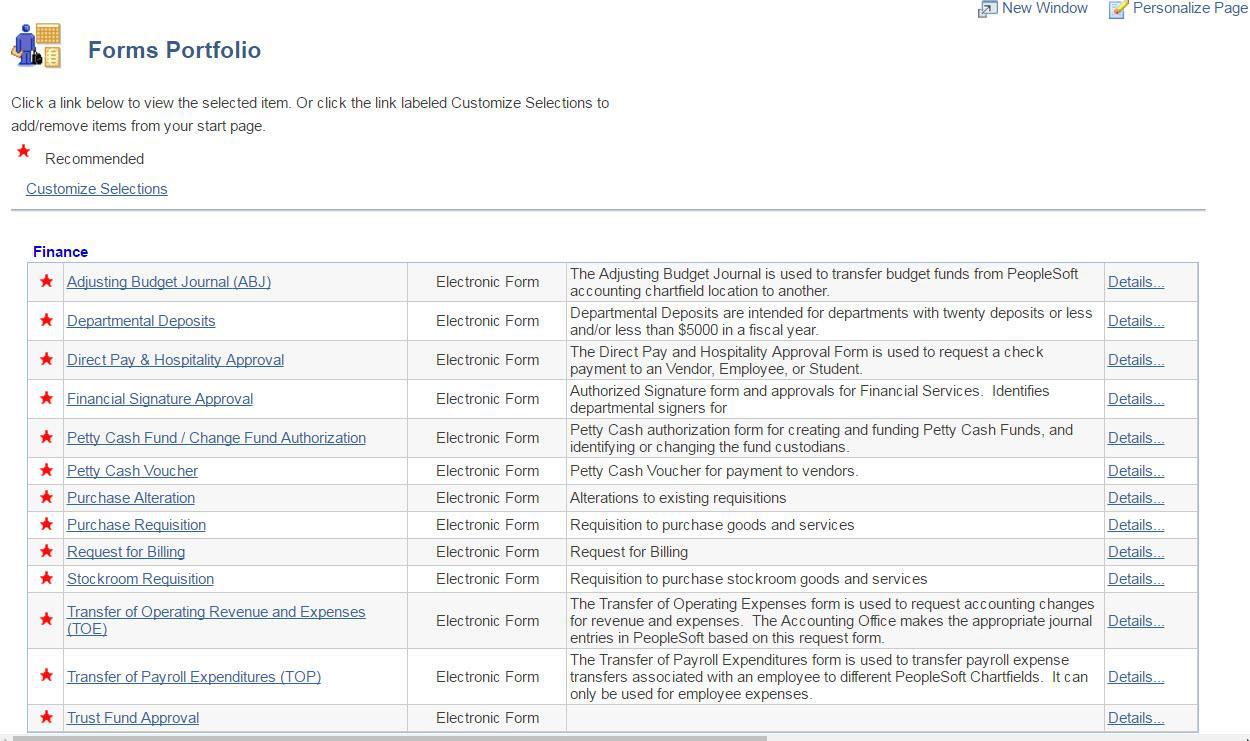 Forms Portfolio page showing the Electronic Forms link and other portfolio sections.