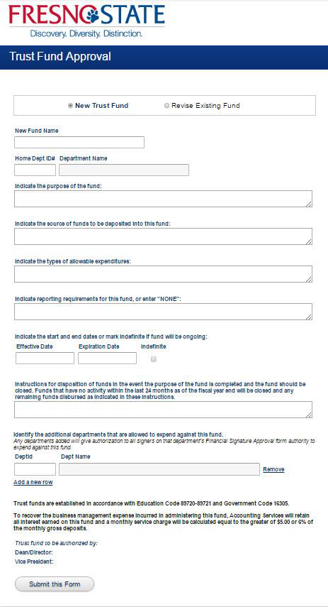 Trust Fund Approval online form with fields for fund details, dates, additional departments, and submission.