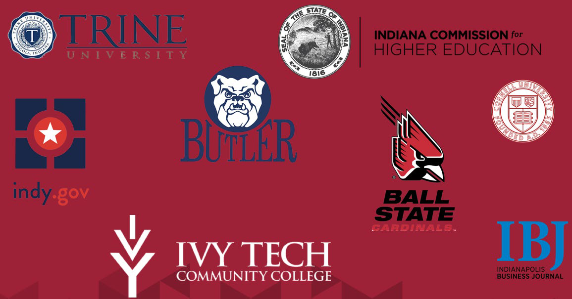 Logos of organizations and institutions associated with professional experience, including Trine University, Indiana Commission for Higher Education, indy.gov, Butler University, Ball State University, Cornell University, Ivy Tech Community College, and Indianapolis Business Journal.