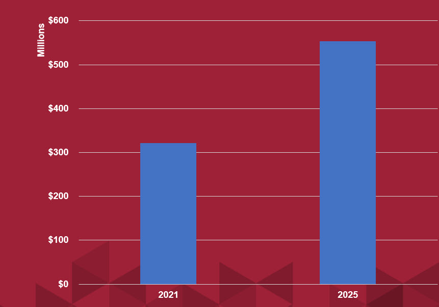 Bar chart comparing deferred maintenance in millions by calendar year. The amount rises from approximately $320 million in 2021 to approximately $560 million in 2025.