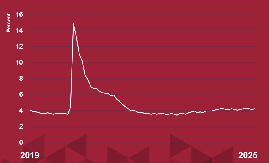 Line chart showing the civilian unemployment rate from 2019 through 2025. The rate rises sharply to about 15% in 2020, then declines and remains near 3% to 4% through 2025.