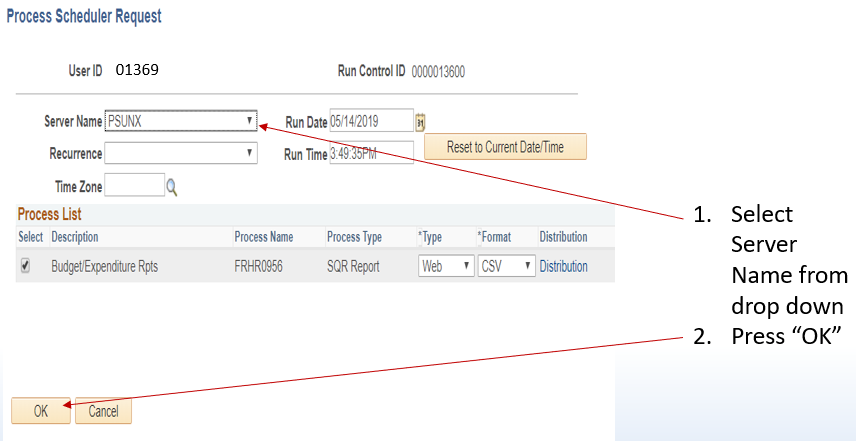 Process Scheduler Request screen showing server selection, process list, and OK and Cancel buttons.