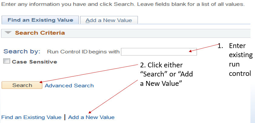 Run control search screen showing the Run Control ID field and Search option.