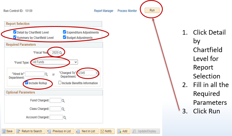 Budget report parameters screen showing report selection, required parameters, optional parameters, and Run.