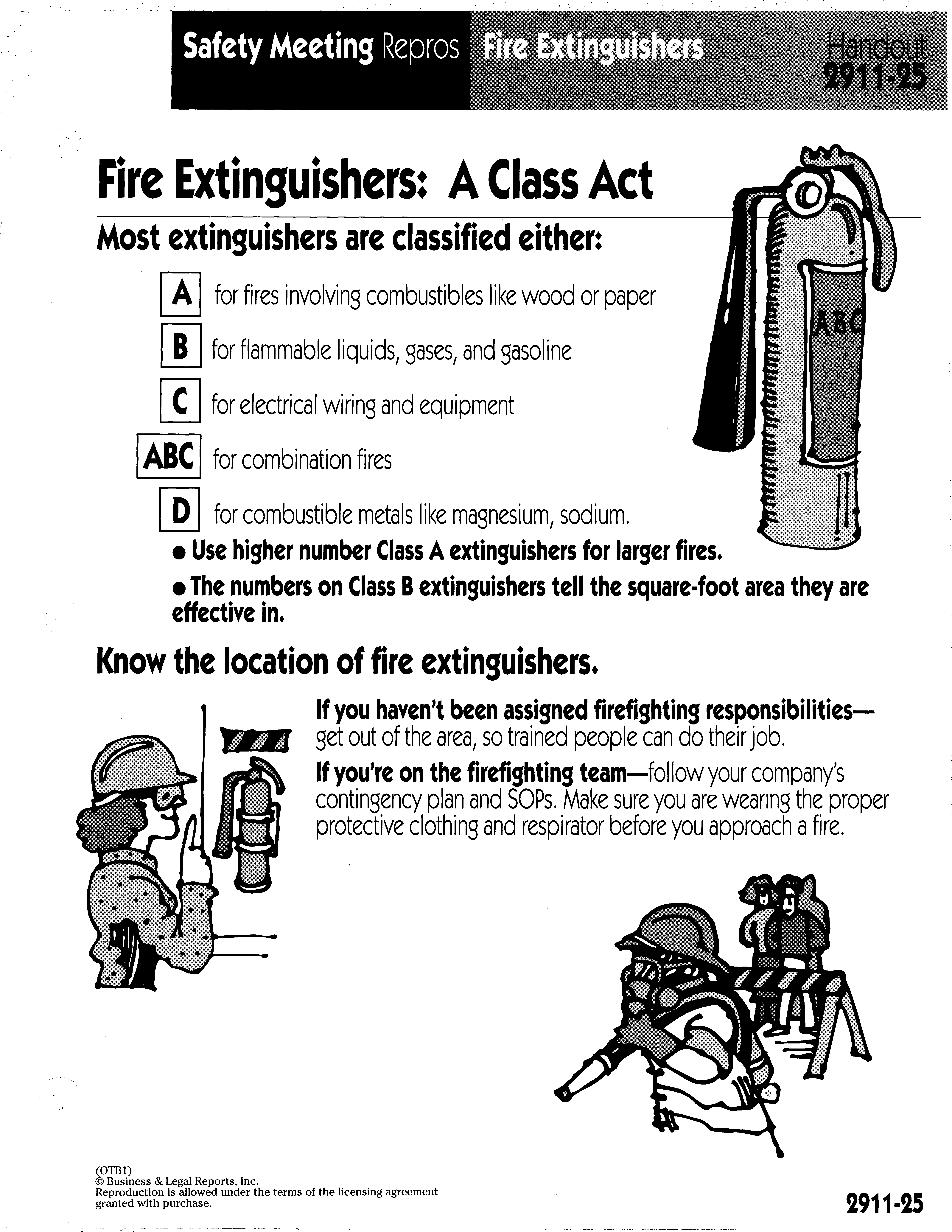 Fire extinguisher safety handout with illustrations of an extinguisher, a worker locating an extinguisher, and a firefighting team.