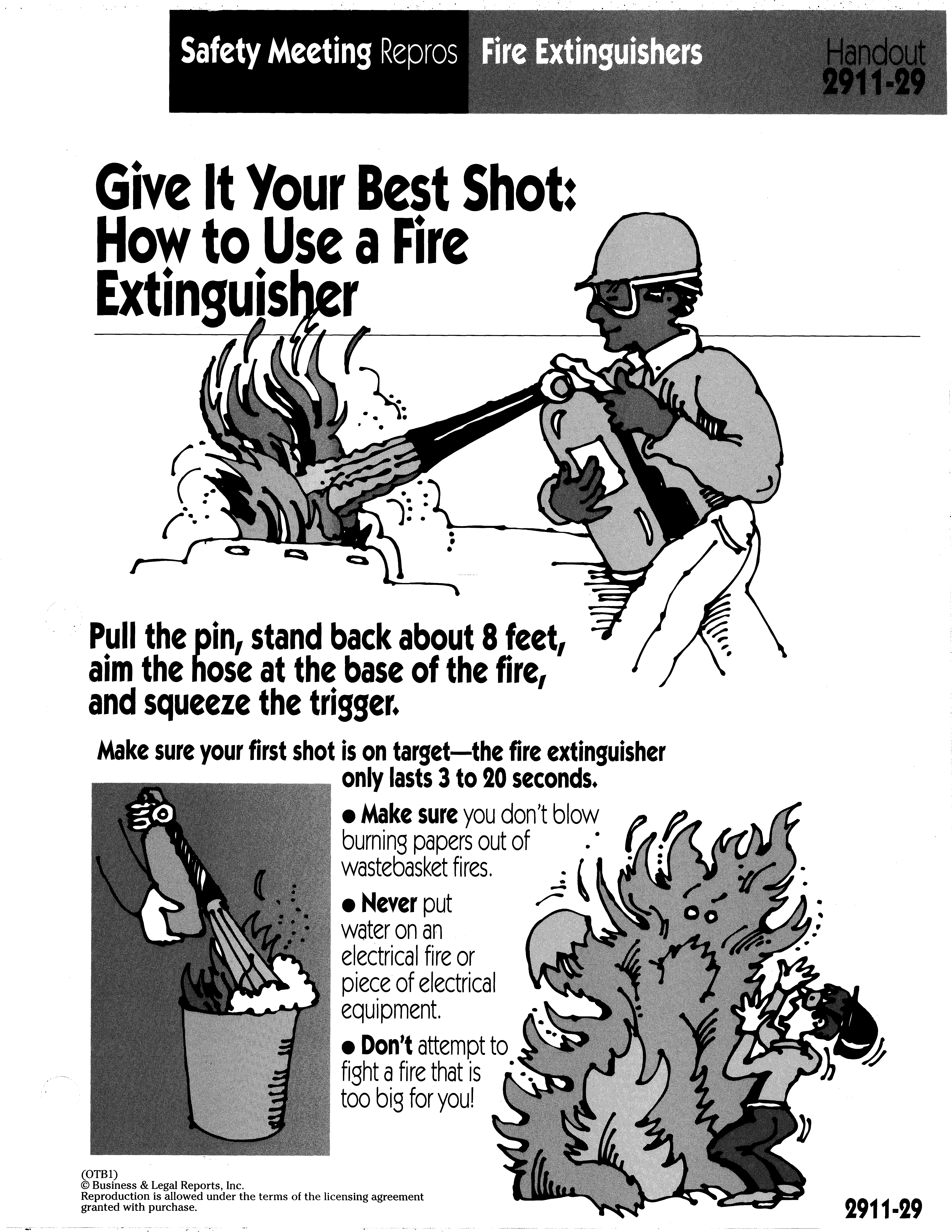 Fire extinguisher safety handout showing a worker aiming an extinguisher at a fire and reminders about using an extinguisher safely.
